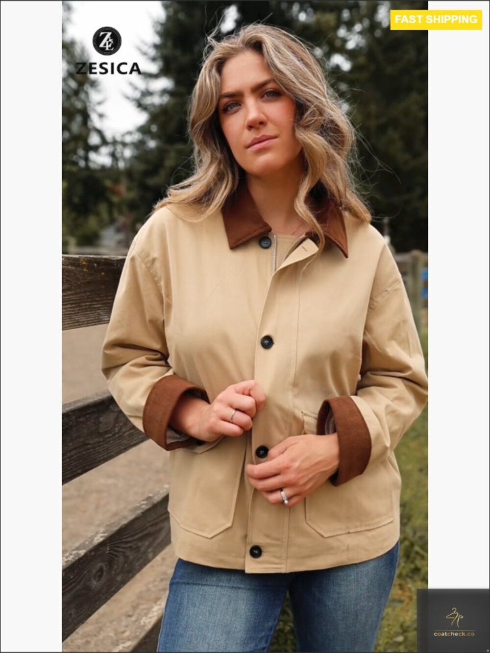 Oversized Lightweight Cotton Barn Jacket Contrast Corduroy Collar Zip Up Button - Picture 7 of 7